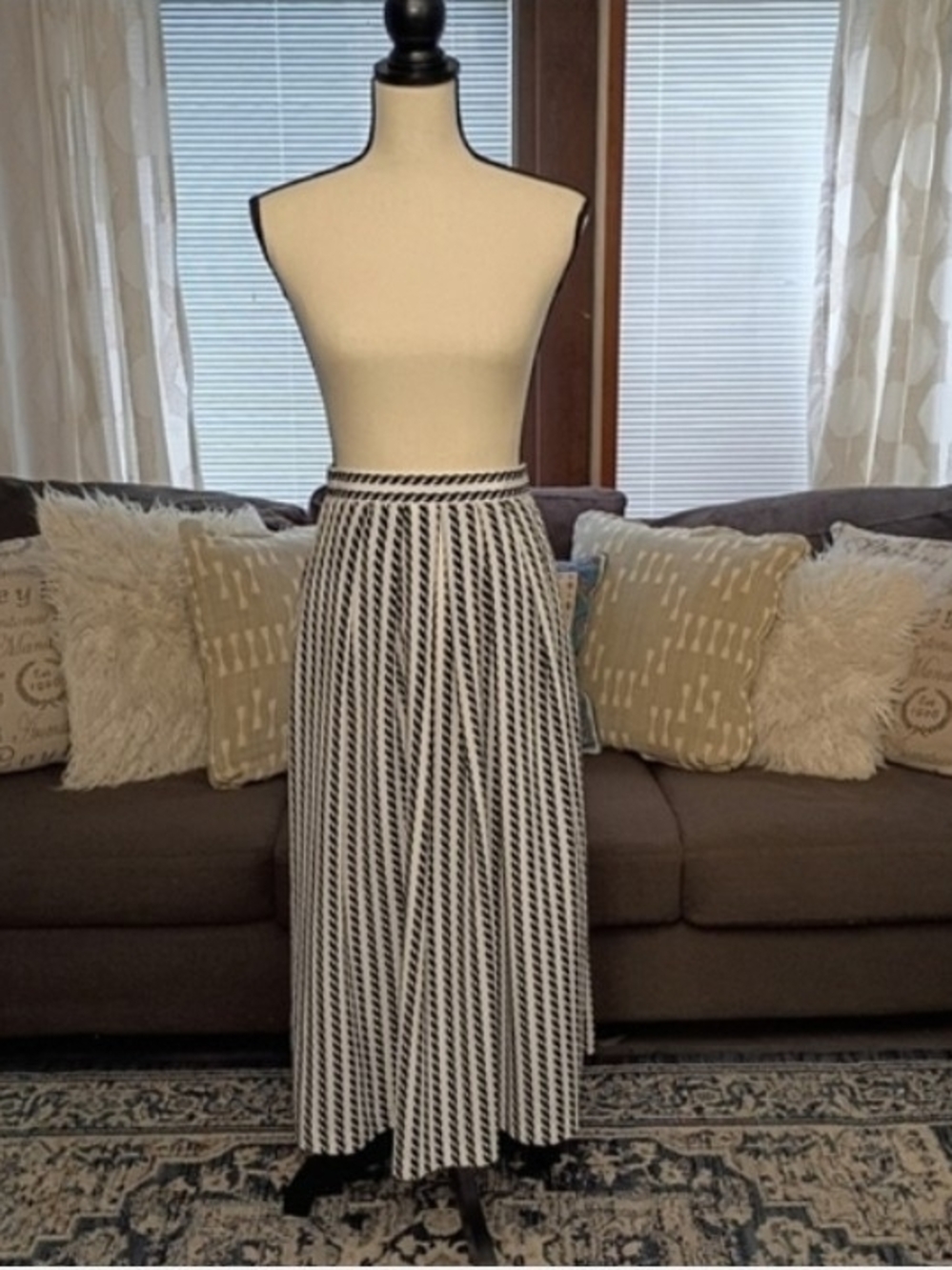 Vintage That's Me Black and White Pleated Striped Midi Skirt